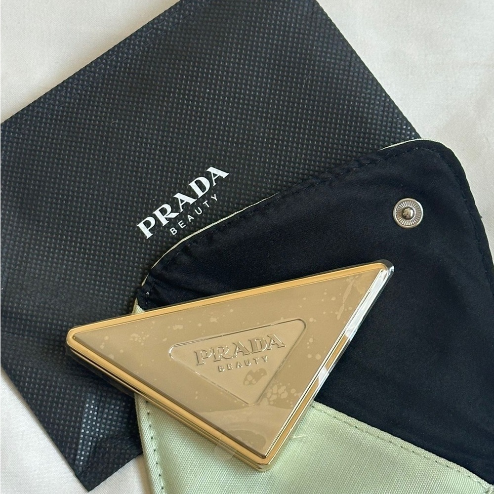 Prada Beauty Gold and Silver Double Compact Mirror with Mint Green Snap Pouch